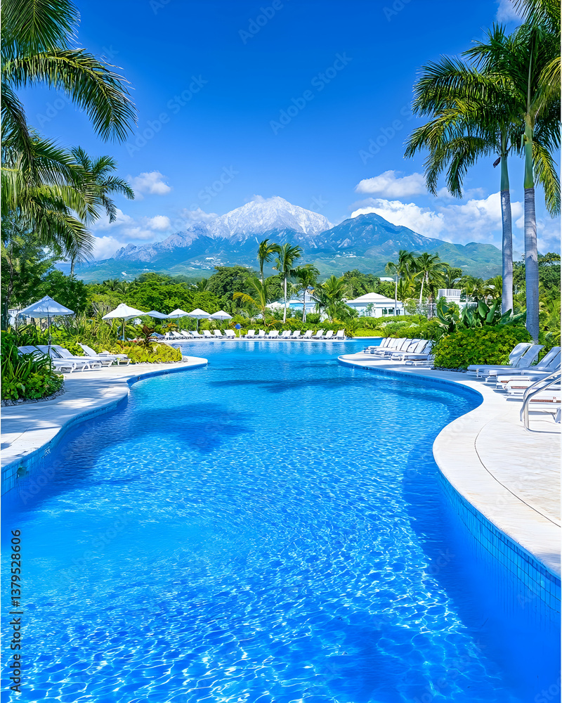 Fototapeta premium Serene resort pool with palm trees and mountains