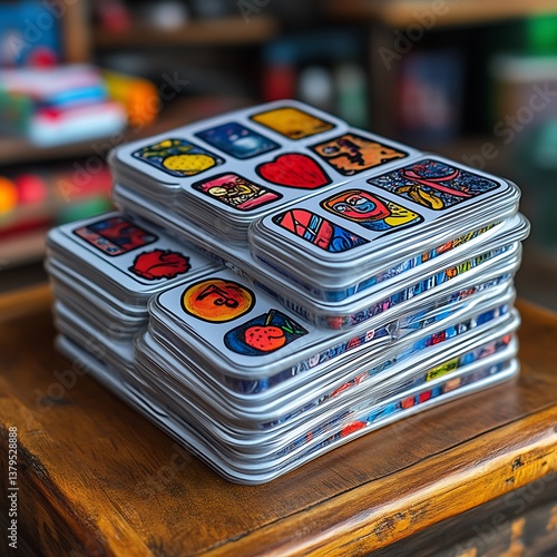 Stacked decorative metal tins with colorful designs on wooden table in store