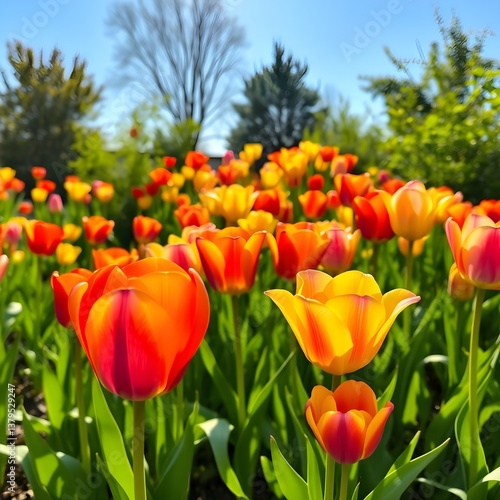 Tulips blooming beautifully in the yard garden