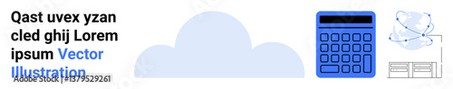 Cloud illustration with calculator, globe, and data grid symbolizing technology, finance, data management, education, business, global connectivity, simple landing page