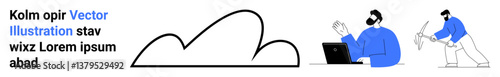 Abstract cloud with two individuals engaging in data exploration and analysis. One works on a laptop, the other mines with a pickaxe. Ideal for technology, innovation, creativity, data processing
