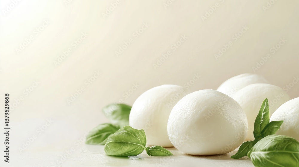Fresh Mozzarella Balls with Basil Leaves on Bright Background Studio Shot Fresh Mozzarella Balls with Basil Leaves on Bright Background Studio Shot