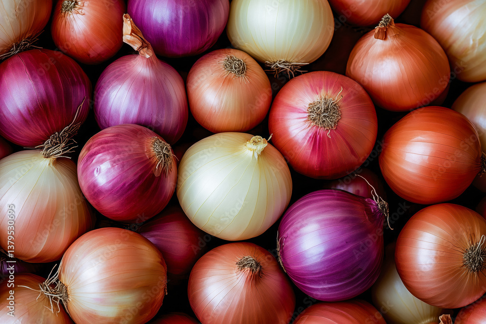Overhead view of a variety of onions, including red, white, and yellow onions.