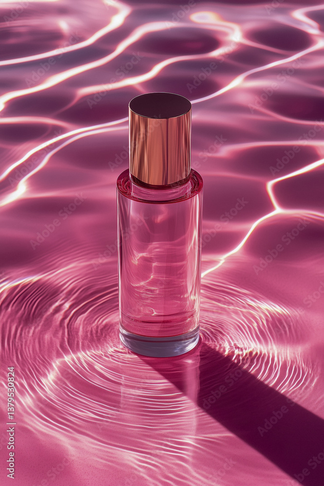 A pink glass perfume bottle with a gold cap, casting a shadow on a pink background with caustic light patterns.