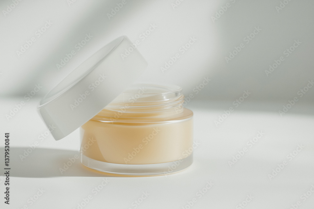 Close-up of a jar of cream with a white lid on a white background, with shadows from a window.