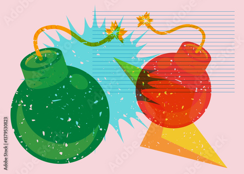 Risograph Bomb with geometric shapes. Objects in trendy riso graph print texture style design with geometry elements.