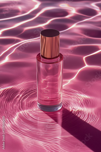 Obraz na płótnie A pink glass perfume bottle with a gold cap, casting a shadow on a pink background with caustic light patterns. w salonie
