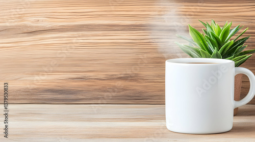 Steaming coffee mug beside succulent on wood