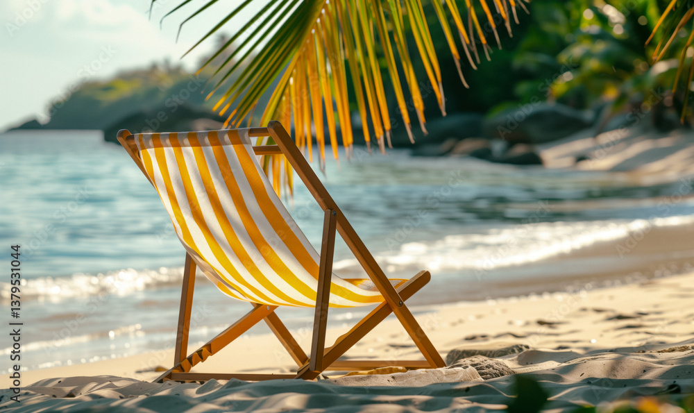 Close-up of a striped beach chair on a sandy beach, with palm leaves and the ocean in the background.