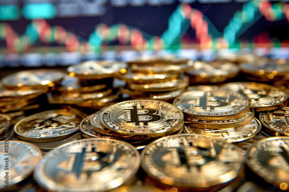 Close-up of Bitcoin coins with a stock market graph in the blurred background.