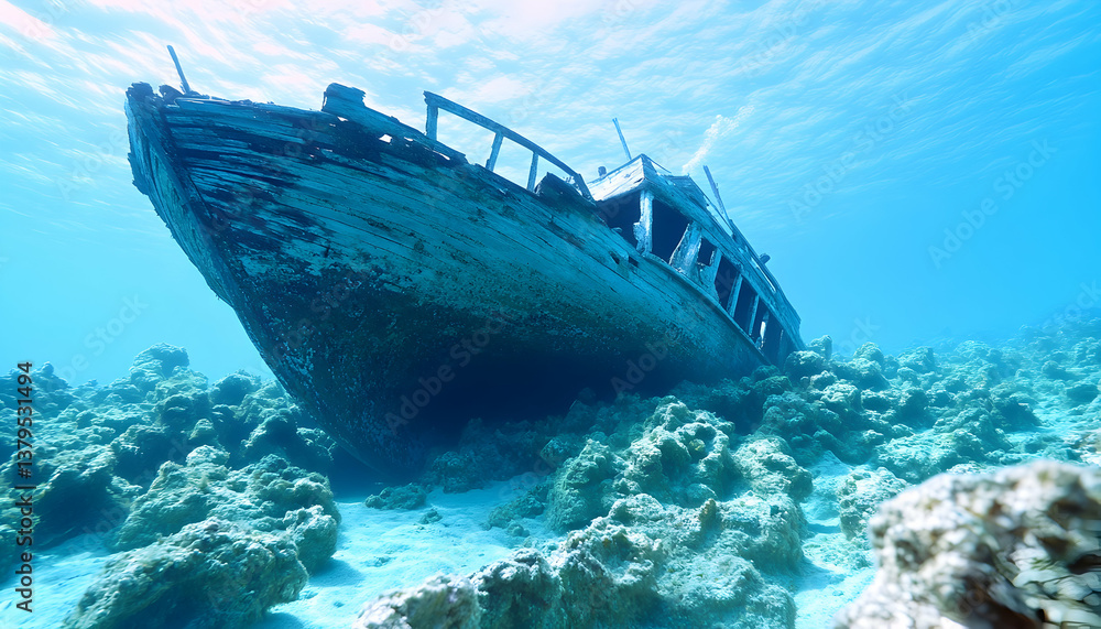 Sunlit shipwreck rests on ocean floor, surrounded by coral Sunlit shipwreck rests on ocean floor, surrounded by coral