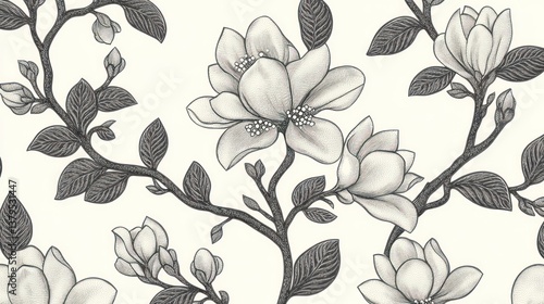 Wallpaper Mural Monochrome Magnolia floral pattern, seamless design, textile print, wallpaper background Torontodigital.ca