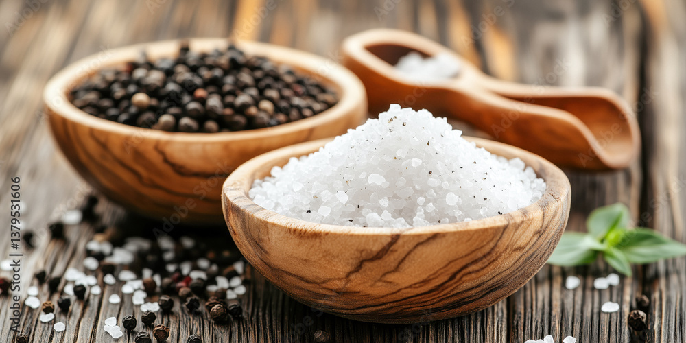Close-up of a wooden bowl filled with Celtic Sea Salt, alongside a bowl of peppercorns and a wooden spoon, on a rustic table.