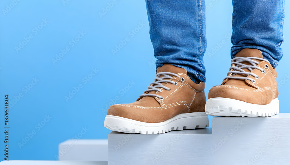 Tan leather casual shoes on a light blue background, worn by a person in jeans, stepping onto a white platform Tan leather casual shoes on a light blue background, worn by a person in jeans, stepping onto a white platform
