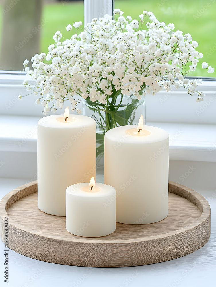 Three ivory candles of varying sizes on a wooden tray, accented by baby's breath in a glass vase, near a window Three ivory candles of varying sizes on a wooden tray, accented by baby's breath in a glass vase, near a window