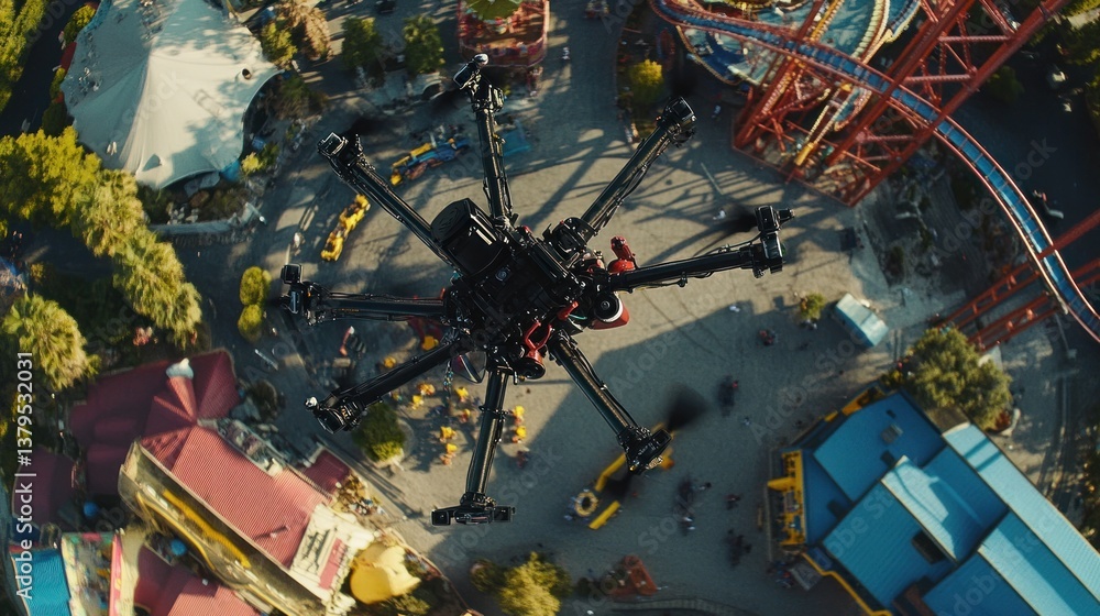 Fototapeta premium Drone Flying Above Amusement Park Capturing Aerial View of Attractions