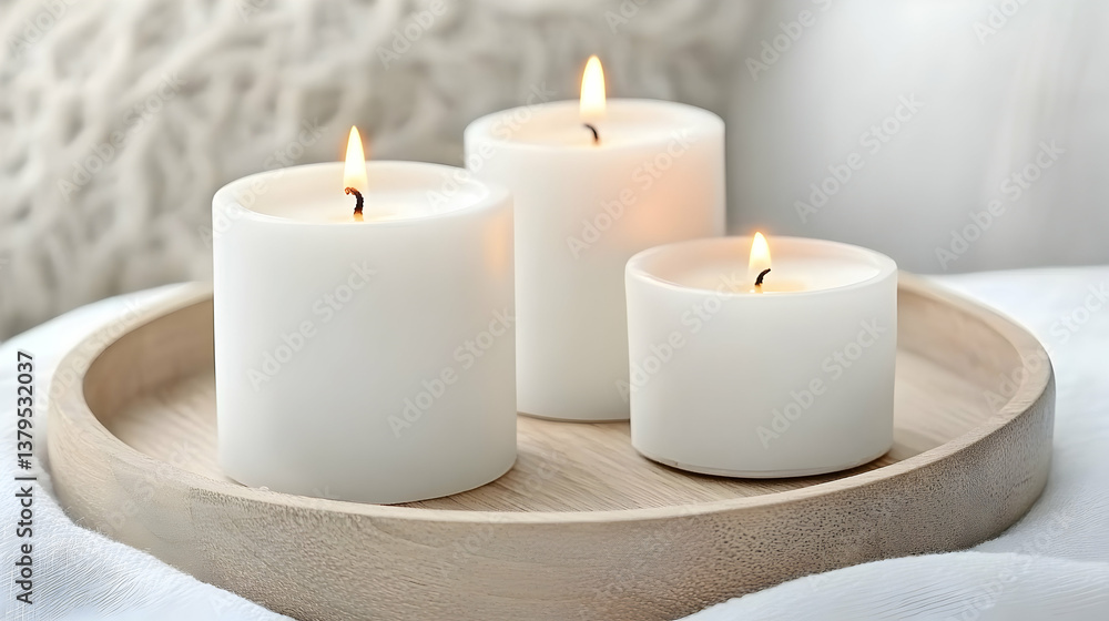 Three lit white candles on a wooden tray Three lit white candles on a wooden tray