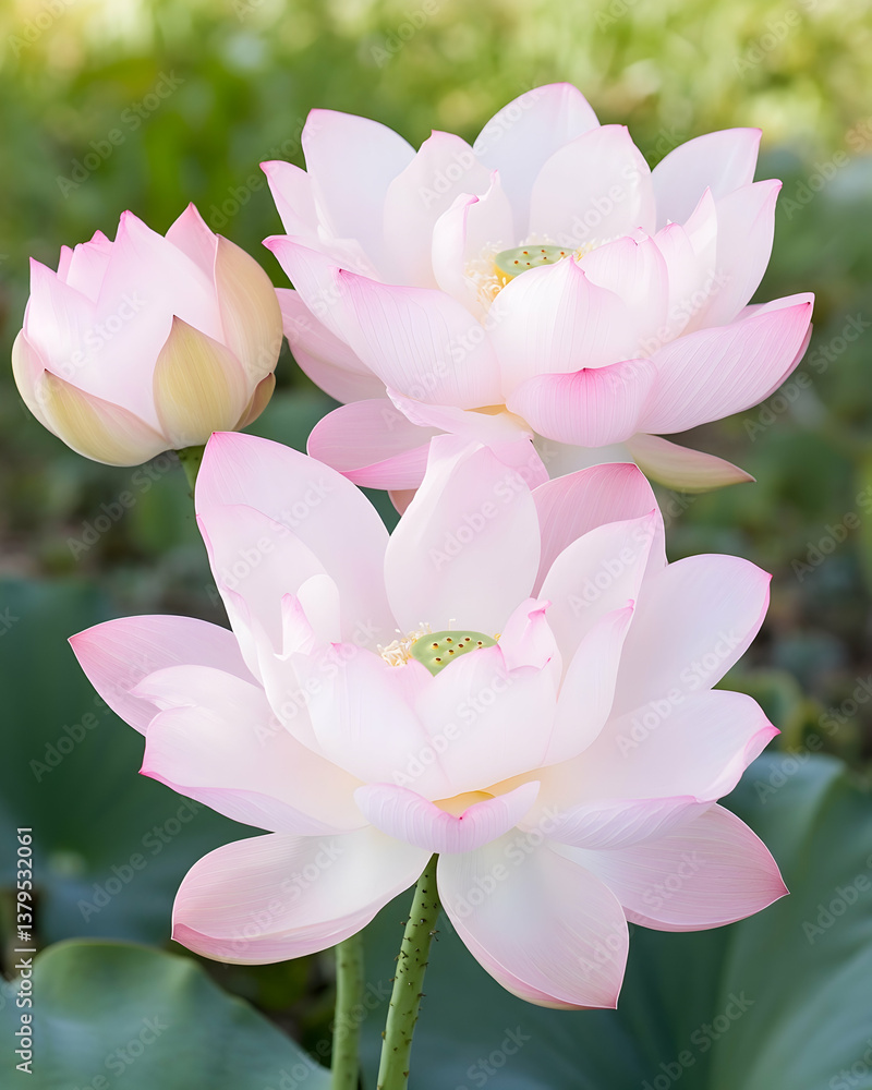 Fototapeta premium Three pale pink lotus flowers in bloom, one bud, green leaves
