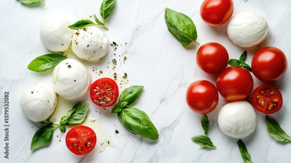 Fresh Mozzarella with Red Tomato and Green Basil Leaves on Marble Table Fresh Mozzarella with Red Tomato and Green Basil Leaves on Marble Table