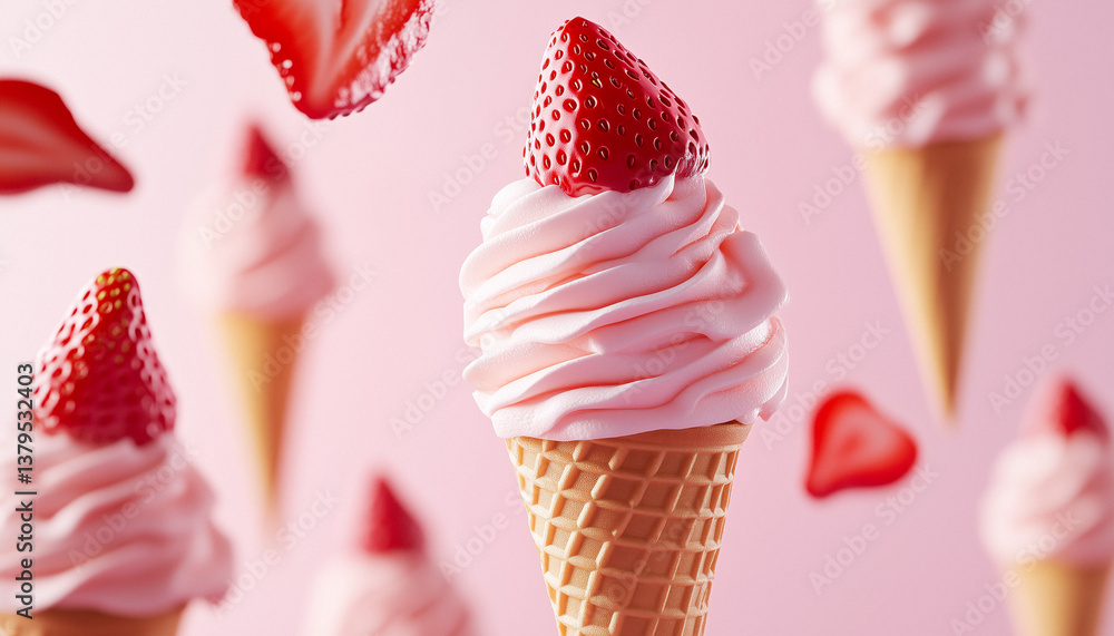 Strawberry swirl soft serve ice cream cone with fresh strawberries against a pink background.