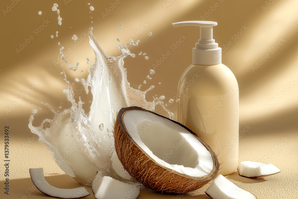 A bottle of coconut oil body lotion with a splash of milk and coconut pieces, against a tan background.