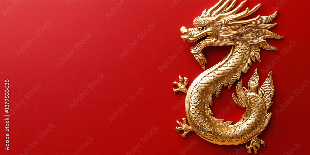 A golden Chinese dragon on a red background.