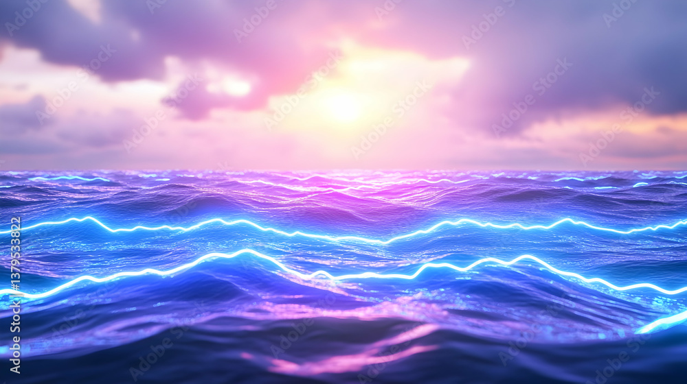Obraz premium Vibrant sunset over ocean waves with neon blue energy lines