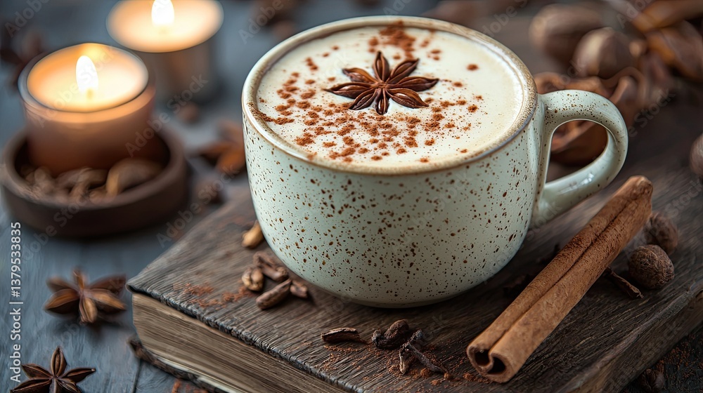 Spiced beverage presented with cinnamon star anise and candles Spiced beverage presented with cinnamon star anise and candles