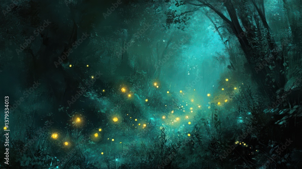 Obraz premium Firefly Path Enchanting night forest scene, glowing insects, misty background, fantasy art