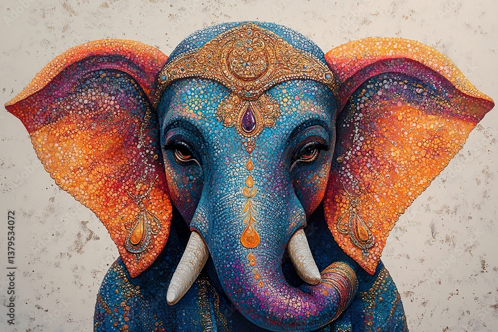 Obraz premium An ornate blue elephant portrait adorned with intricate gold embellishments