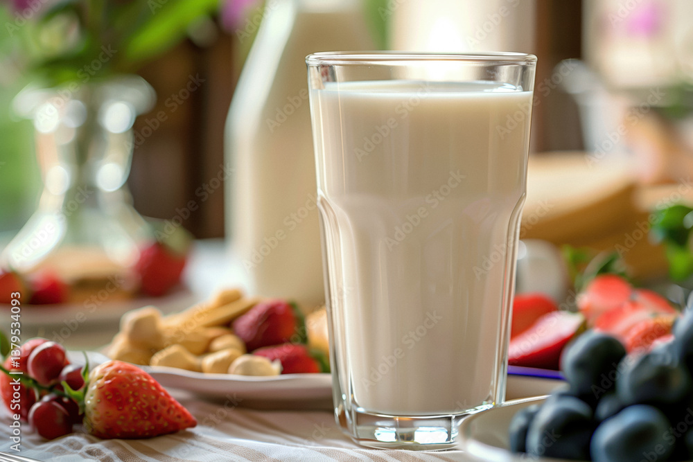 Close-up of a tall glass of milk on a table with fruit and cookies in the background. Part of a healthy breakfast.