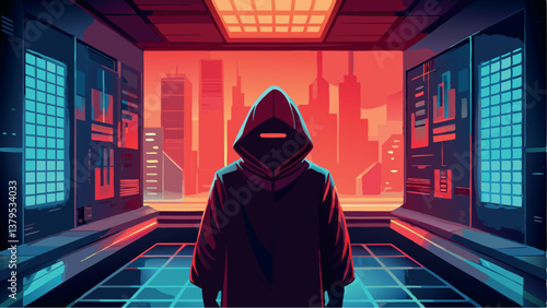 Mysterious figure in a futuristic cityscape with vibrant colors and technological elements at dusk