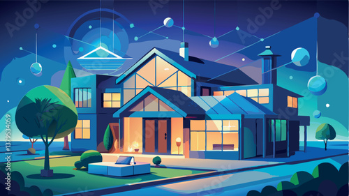 Modern house in a serene night landscape featuring glowing lights and vibrant colors with a futuristic ambiance