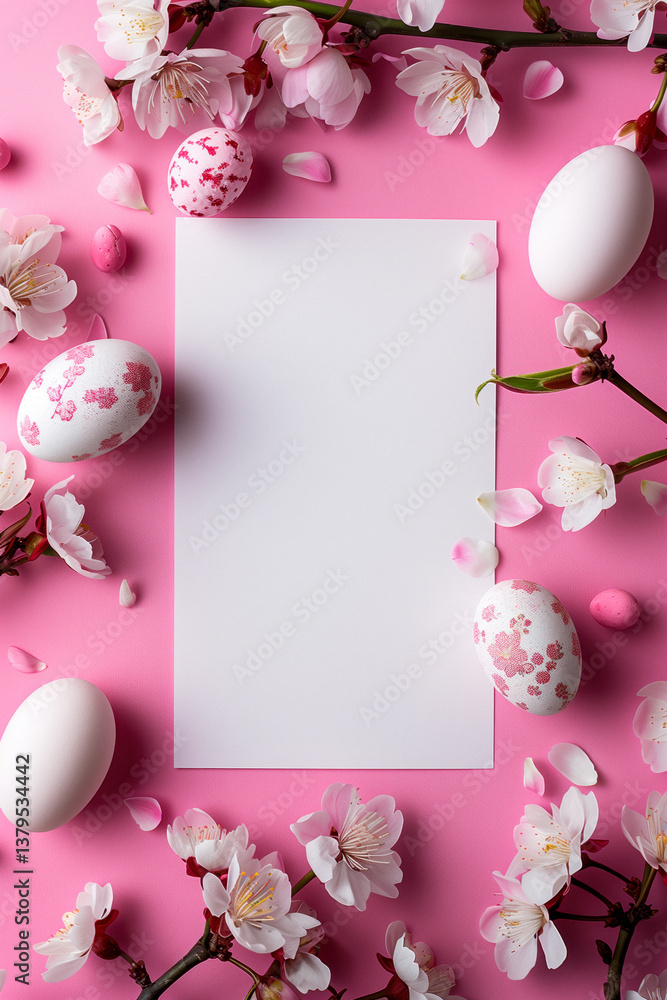 A white sheet of paper surrounded by colorful Easter eggs and pink blossoms on a bright pink background.