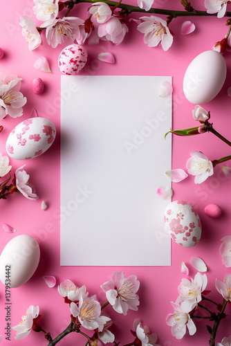 Obraz na płótnie A white sheet of paper surrounded by colorful Easter eggs and pink blossoms on a bright pink background. w salonie