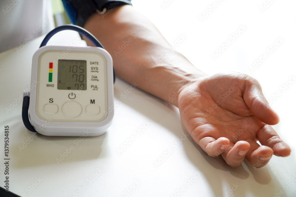 Man checks blood pressure monitor and heart rate monitor with digital pressure gauge.Monitoring blood pressure
Man checks blood pressure monitor and heart rate monitor with digital pressure gauge.Monitoring blood pressure