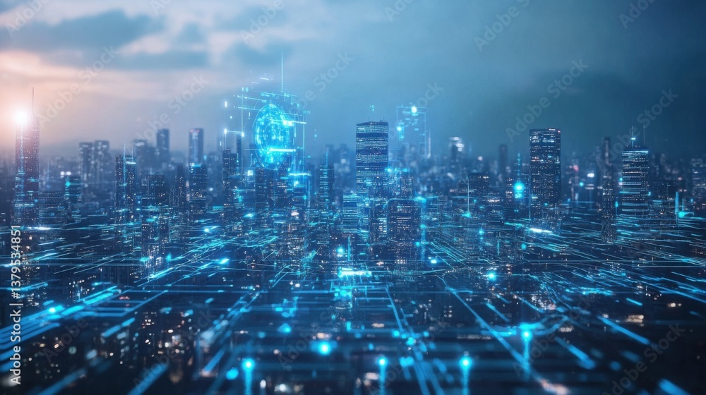 Fototapeta premium Futuristic Cityscape with Digital Connections and Neon Lights