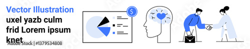 Pie chart analytics, human head with heart symbolizing mental wellness, two people exchanging ideas through handshake. Ideal for teamwork, business, wellness, finance, partnerships, creativity