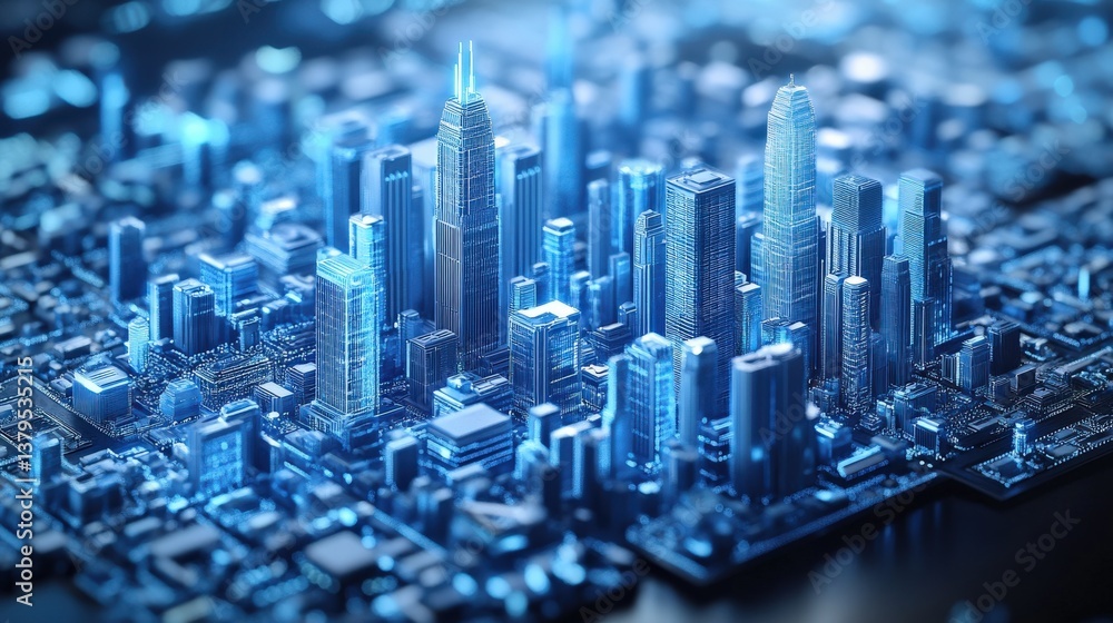 Obraz premium Digital Cityscape on a Circuit Board