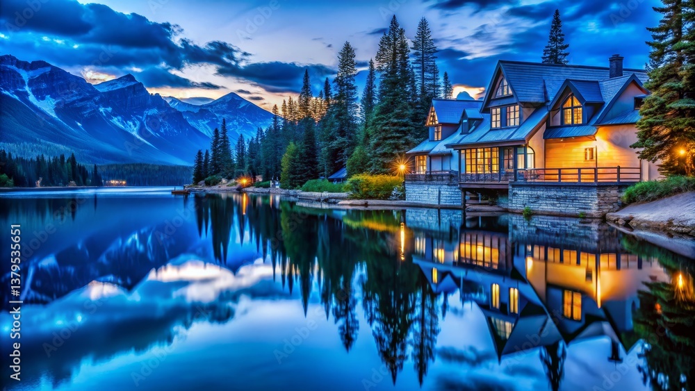 Fototapeta premium Mountain Lake House Reflection at Dusk
