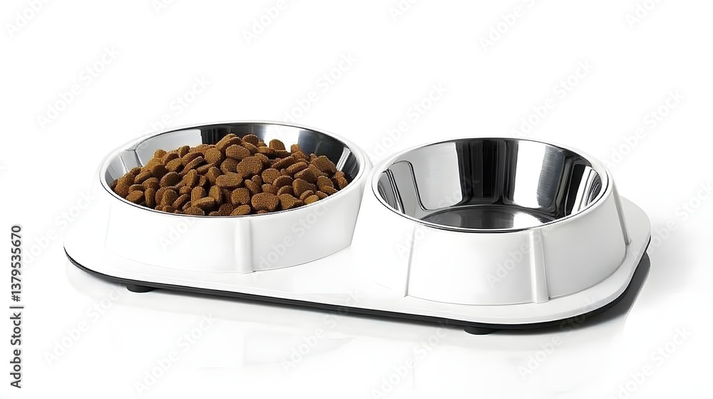 A set of shiny stainless steel dog food and water bowls neatly arranged on a clean white background ready to provide nutrition and for a canine companion