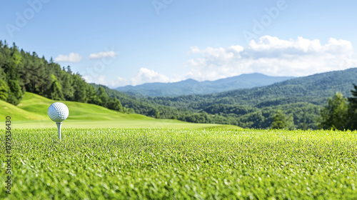 golf ball sits on tee against stunning mountain landscape, surrounded by lush green grass and clear blue skies, creating serene and picturesque golfing scene