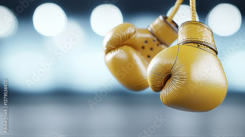 Golden boxing gloves hang against backdrop of blurry lights, creating dramatic and energetic atmosphere. shiny leather and detailed stitching highlight their quality and craftsmanship