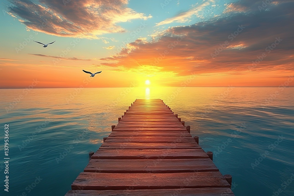 Obraz premium Beautiful sunset over calm water viewed from a wooden pier