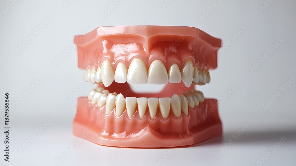 Obraz premium Full set of artificial teeth, demonstrating dental health, oral hygiene, and the anatomy of the human mouth and dental structure.