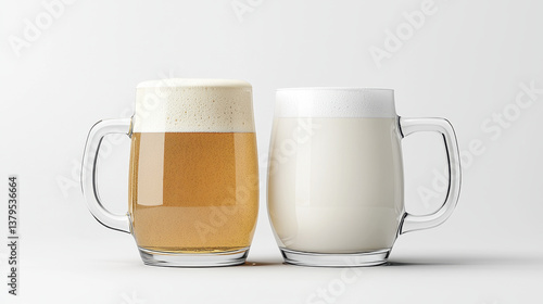 Two clear glass mugs, one filled with light amber beer and other with beige beverage, sit side by side on white background. beer has frothy head, creating refreshing contrast