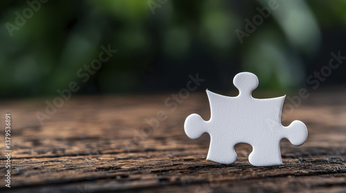 single white puzzle piece stands on weathered wood background, symbolizing connection and completion. blurred green foliage adds natural touch to scene