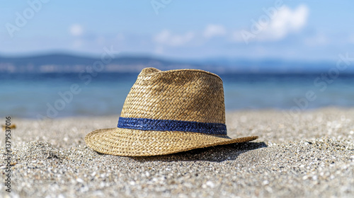tan straw hat with blue band rests on sandy beach, with serene ocean view in background under clear sky