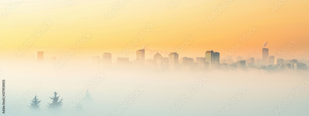 Fototapeta premium Misty Sunrise Over Urban Skyline with Trees in Foreground