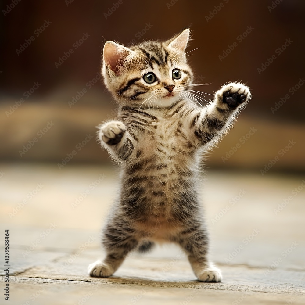 A young energetic kitten playfully standing on its hind legs and raising its paws as if dancing and exploring its surroundings with enthusiasm and curiosity